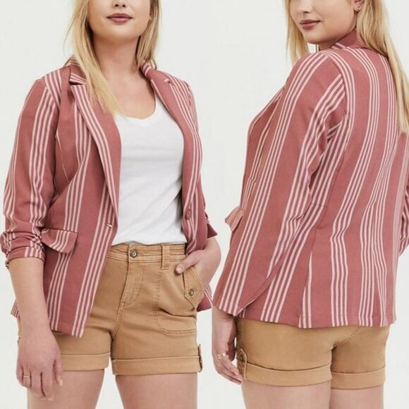 NEW Torrid Boyfriend Blazer Jacket Light Weight Striped Mauve Rose Pink L 12 $70 - Picture 2 of 14